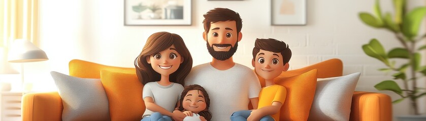 A cheerful animated family enjoys quality time together in a cozy living room, surrounded by warmth and love.