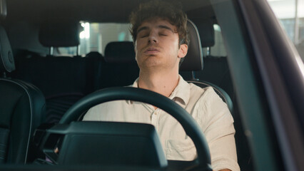 Frustrated stressed worried irritated angry Caucasian driver worry about traffic jam lateness...