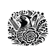Obraz premium Pheasant bird in folk art black and white silhouette illustration