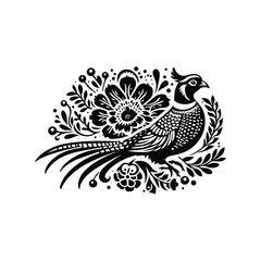 Pheasant bird in folk art black and white silhouette illustration