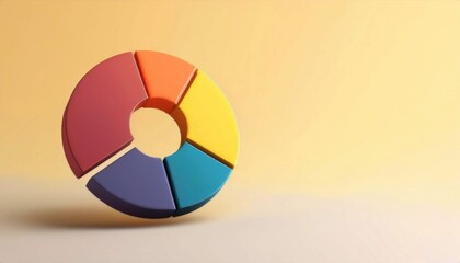 Obraz premium Colorful segmented pie chart against a neutral background representing data analysis, statistics, and information in a minimalist design.