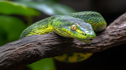 Fototapeta premium Vivid Green Tree Python, Close-up Portrait on a Branch, Reptile, Wildlife Photography