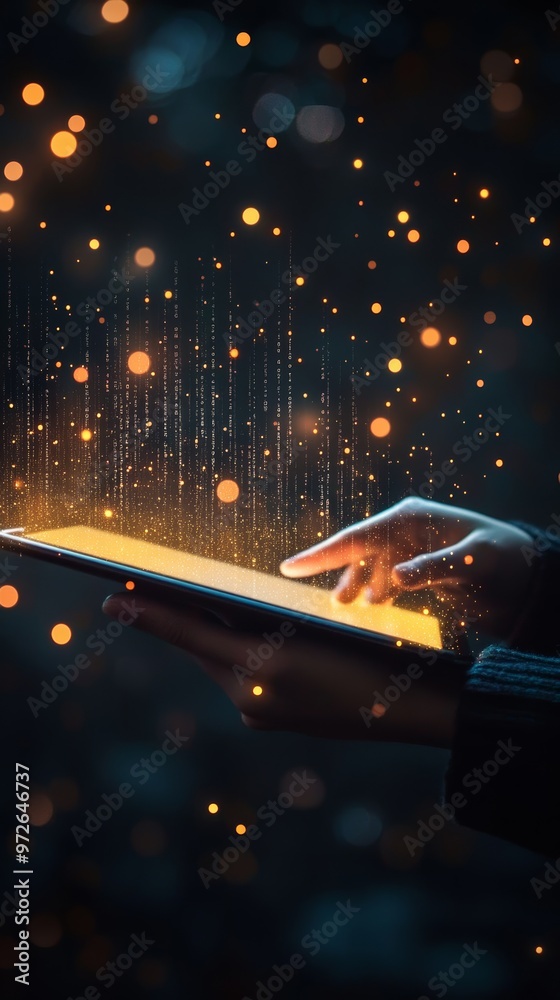 Aufkleber A person using a tablet with glowing code projected from the screen. Showcases mobile technology and programming in the tech world.