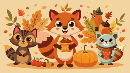 Fototapeta premium Cute Animal Characters Celebrating Thanksgiving – Squirrels, Foxes, Raccoons with Autumn Items