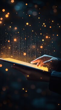 A person using a tablet with glowing code projected from the screen. Showcases mobile technology and programming in the tech world.