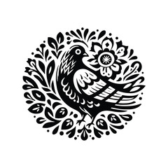 Pigeon bird in folk art black and white silhouette illustration
