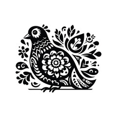 Pigeon bird in folk art black and white silhouette illustration
