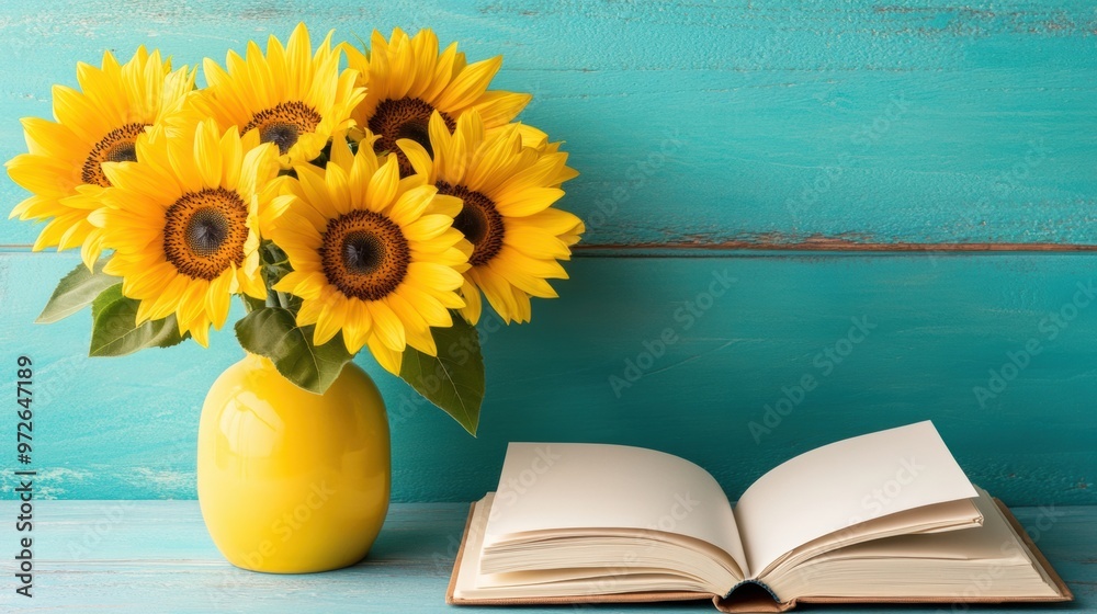 Sticker A vase of a yellow book and sunflowers on blue table, AI