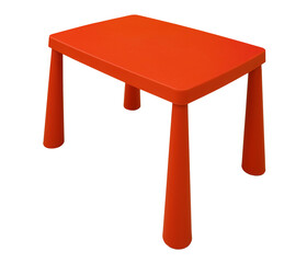 Simple red plastic table for children isolated on white background. Furniture for kids concept
