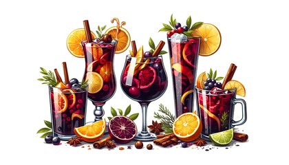 Fototapeta premium Set of alcoholic cocktails sangria and mulled wine isolated on white