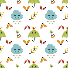 Endless seamless autumn pattern for printing on fabric and sewing children clothes. Funny cute cloud with eyes. Umbrella and leaf fall. Doodle style twig.