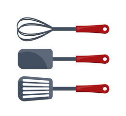 Set of cooking tools. Mixer and spatula. Dishware and tableware for kitchen. Stainless home equipment. Cooking and preparation. Poster or banner. Flat vector collection isolated on white background