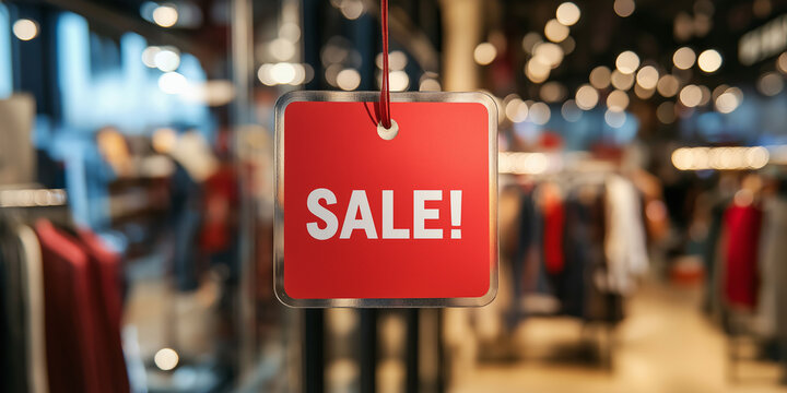 Red sale tag hanging in a retail store with a blurred background of clothes and lights, representing retail sales, discounts, and promotions in a stylish and inviting shopping environment