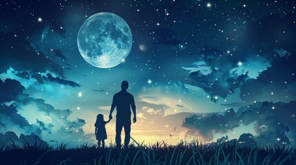 Obraz premium Vector illustration of father and daughter on night sky under moonlight and stars for Father's Day gift card, poster or other.