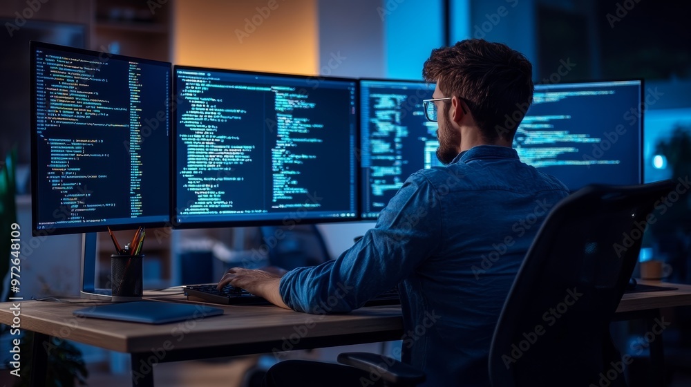 Aufkleber Software developer working on multiple monitors, coding at home office during late night. Focused on programming in a professional setup.