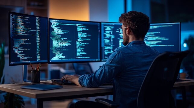 Software developer working on multiple monitors, coding at home office during late night. Focused on programming in a professional setup.