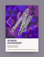 Line stationery. School education tools. Studying supplies. Abstract geometric flat shapes. Math compass with pencil. College flyer. Brochure template. Outline drawing. Brutalist design vector poster