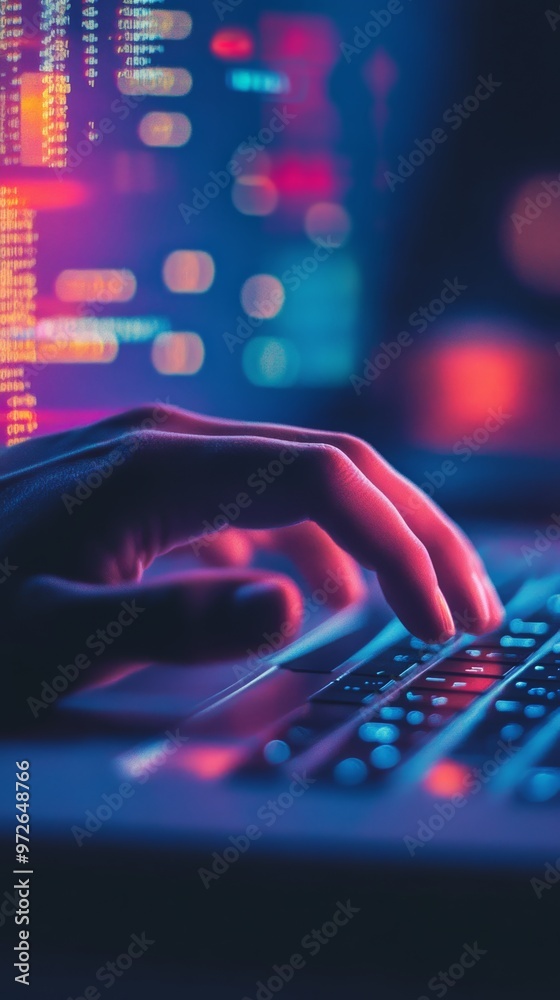 Poster Close-up of a hand typing on a keyboard with colorful code on screen. Ideal for software development, coding projects.