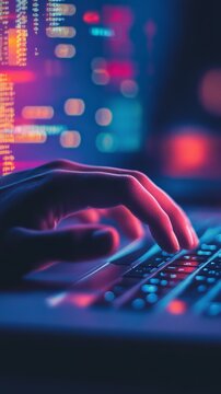 Close-up of a hand typing on a keyboard with colorful code on screen. Ideal for software development, coding projects.