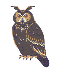 Great horned owl, vector illustration, cartoon character, animal in flat style. Eared owl isolated on white. Magic familiar for witch, totem animal, symbol of wisdom and knowledge.