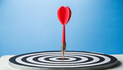 Arrow at darts target, pastel blue backdrop. Business and achieving goals concept.