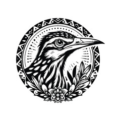 Fototapeta premium Roadrunner bird in bohemian black and white silhouette illustration