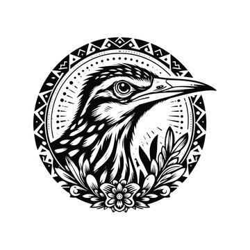 recommend clip art: Roadrunner bird in bohemian black and white silhouette illustration