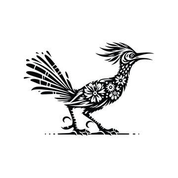 recommend clip art: Roadrunner bird in folk art black and white silhouette illustration