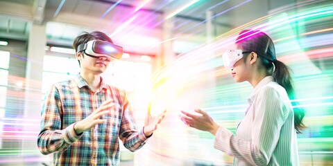 Exploring the Virtual Frontier: Engaging in Immersive AR Technology. A young individual immerses themselves in a futuristic augmented reality experience.
