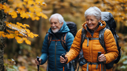 An energetic older couple strolls through a forest filled with vibrant autumn leaves, smiling as they wear hiking gear and carry walking sticks.