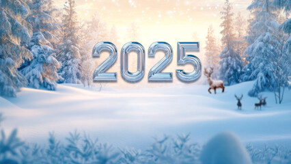 Winter landscape with snow-covered trees, reindeer, and large 2025 numbers, symbolizing New Year celebration and winter season