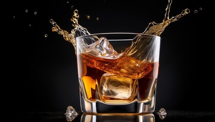 glass of splashing whiskey or other alcohol with ice cube isolated on black background