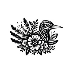 Fototapeta premium Roadrunner bird in folk art black and white silhouette illustration