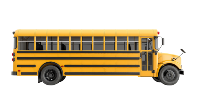A school bus isolated on a transparent background, highlighting its classic yellow design and significance in transportation. Perfect for traffic-related designs, educational materials, or safety camp