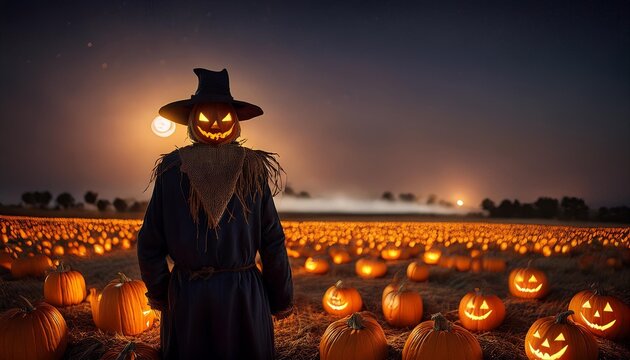 gloomy scarecrow watching over pumpkin patch at night with jack o lanterns illuminating the field ultra hd