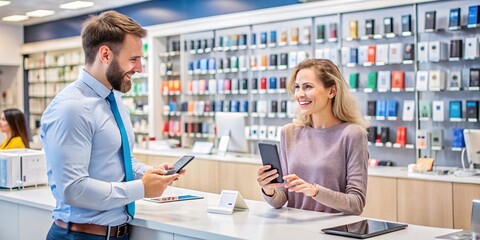 Customer Service in Modern Electronics Store. A friendly interaction between a customer and a sales representative in a sleek electronics store.