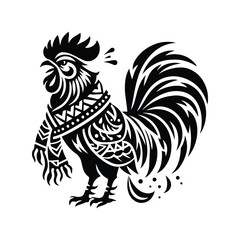 Rooster bird in bohemian black and white silhouette illustration