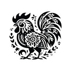 Fototapeta premium Rooster bird in folk art black and white silhouette illustration