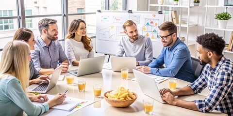 A diverse group of professionals engaging enthusiastically in a team meeting, discussing data charts on a monitor, in a bright office environment.