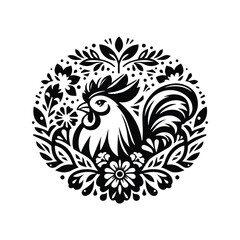 Fototapeta premium Rooster bird in folk art black and white silhouette illustration