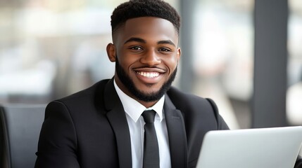 Fototapeta premium Smiling Young Professional Focused on Laptop, Achieving Success in Modern Office Environment