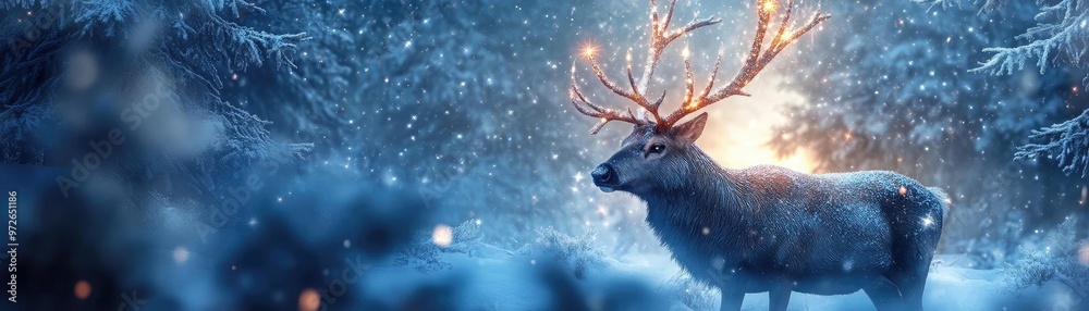 Poster a serene winter scene featuring a majestic reindeer in a snowy forest, illuminated by soft lights an
