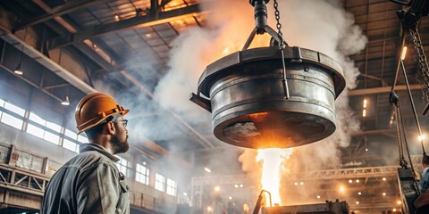 A worker in a safety helmet observes a large ladle of molten metal being lifted by a crane in a busy industrial foundry. The scene is filled with smoke and sparks, highlighting the intense heat.