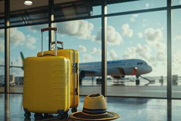 Bright Yellow Luggage and Hat Ready for Departure at Modern Airport Terminal