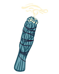 Herbal ritual burning of incense. Bunch of white sage for fumigation and purification of space energy. Spiritual shamanic practice of ancestors. Vector illustration on white background.