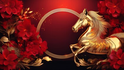 Chinese Year of the Horse 2026, Fire Horse, Happy New Chinese Year, Golden Horse with Red Flowers
