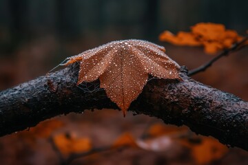 Fototapeta premium A close-up shot of a single autumn leaf covered in dew, delicately resting on a branch, capturing the essence of a serene, misty morning in the forest.