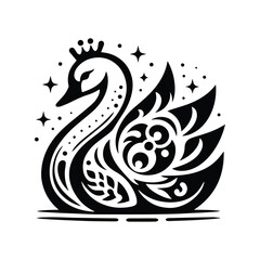 Swan bird in folk art black and white silhouette illustration
