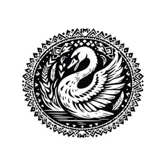 Swan bird in bohemian black and white silhouette illustration