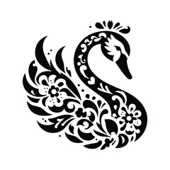 Fototapeta premium Swan bird in folk art black and white silhouette illustration